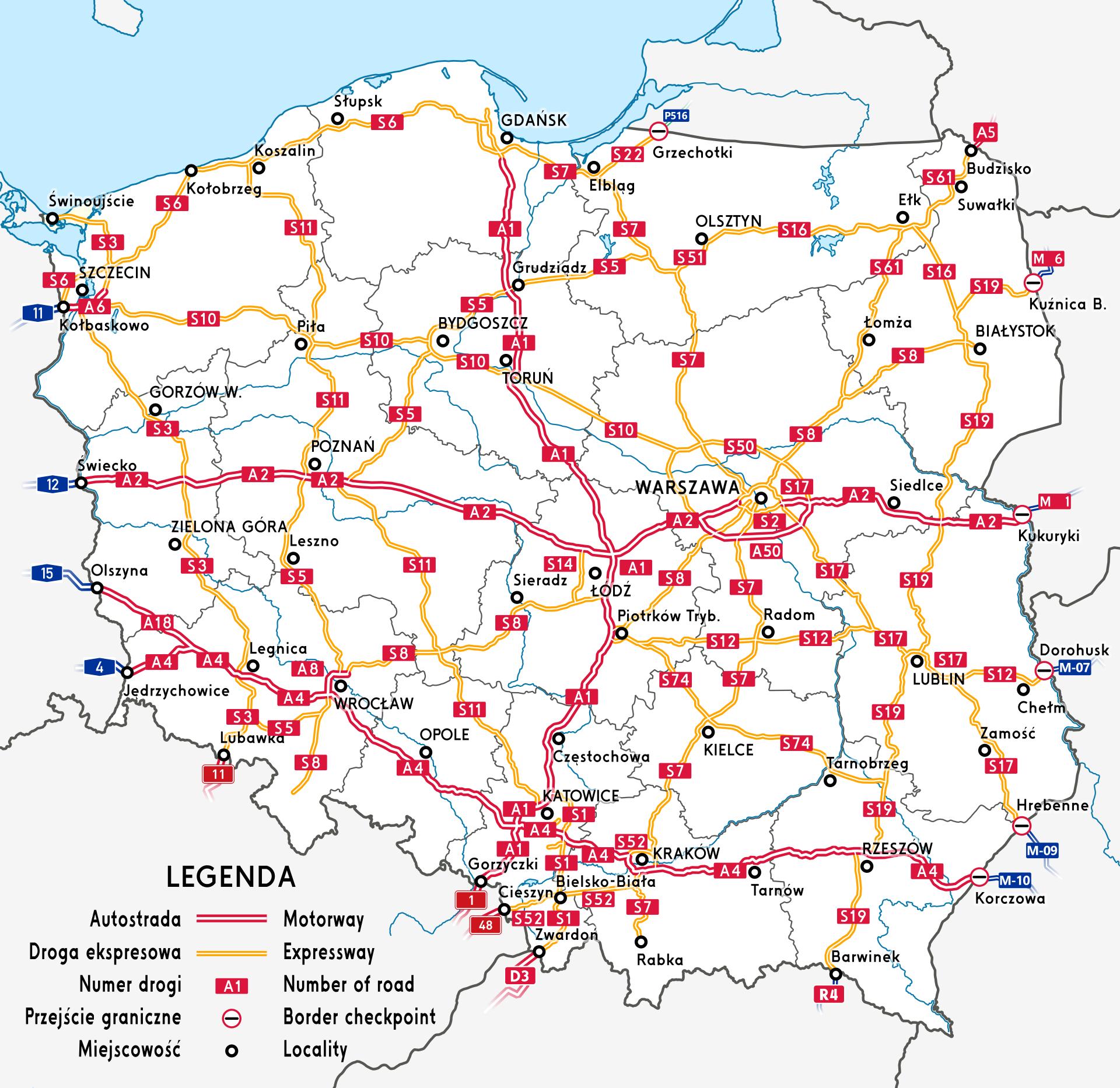 Mappa autostradale della Polonia - Mappa stradale della Polonia (Europa