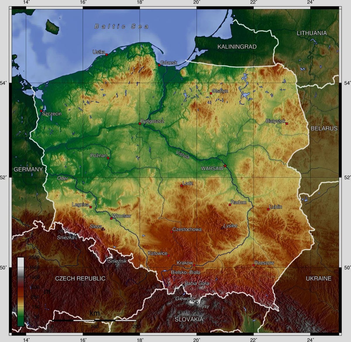 mappa di Polonia elevazione